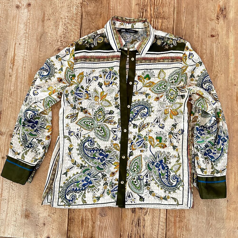 Zara Button Down Up Blouse Top Green Paisley Women's M
